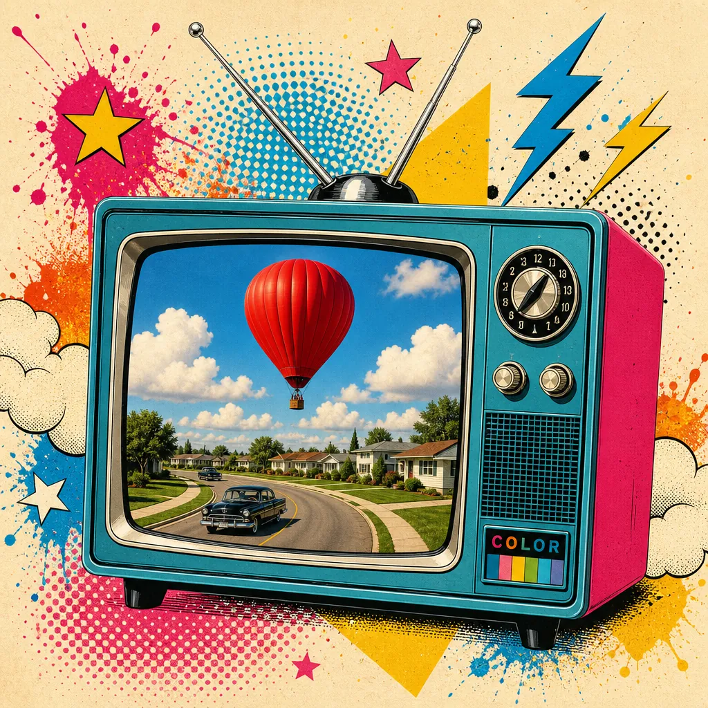 Pop-art poster of a 1950s television. The screen shows a red hot-air balloon over a sunny street lined with mid-century houses.